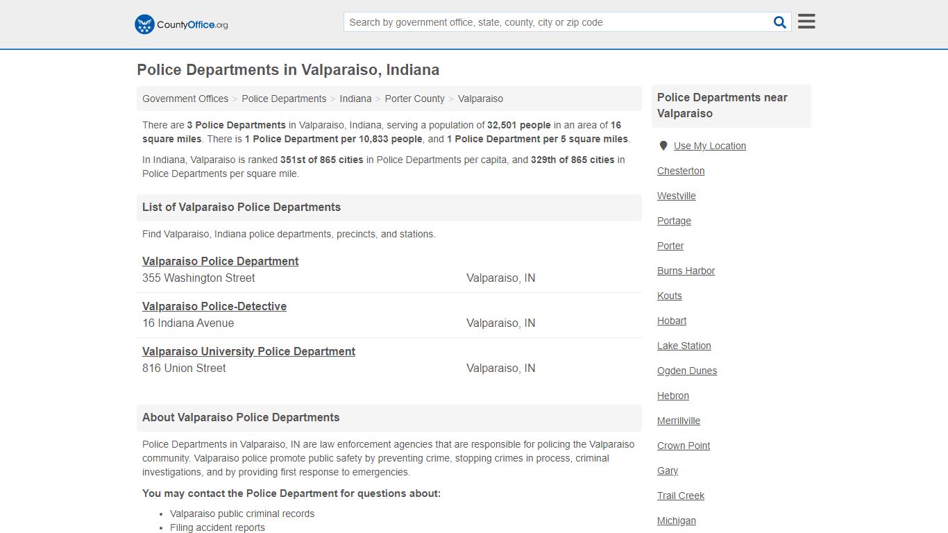 Police Departments in Valparaiso, Indiana - County Office